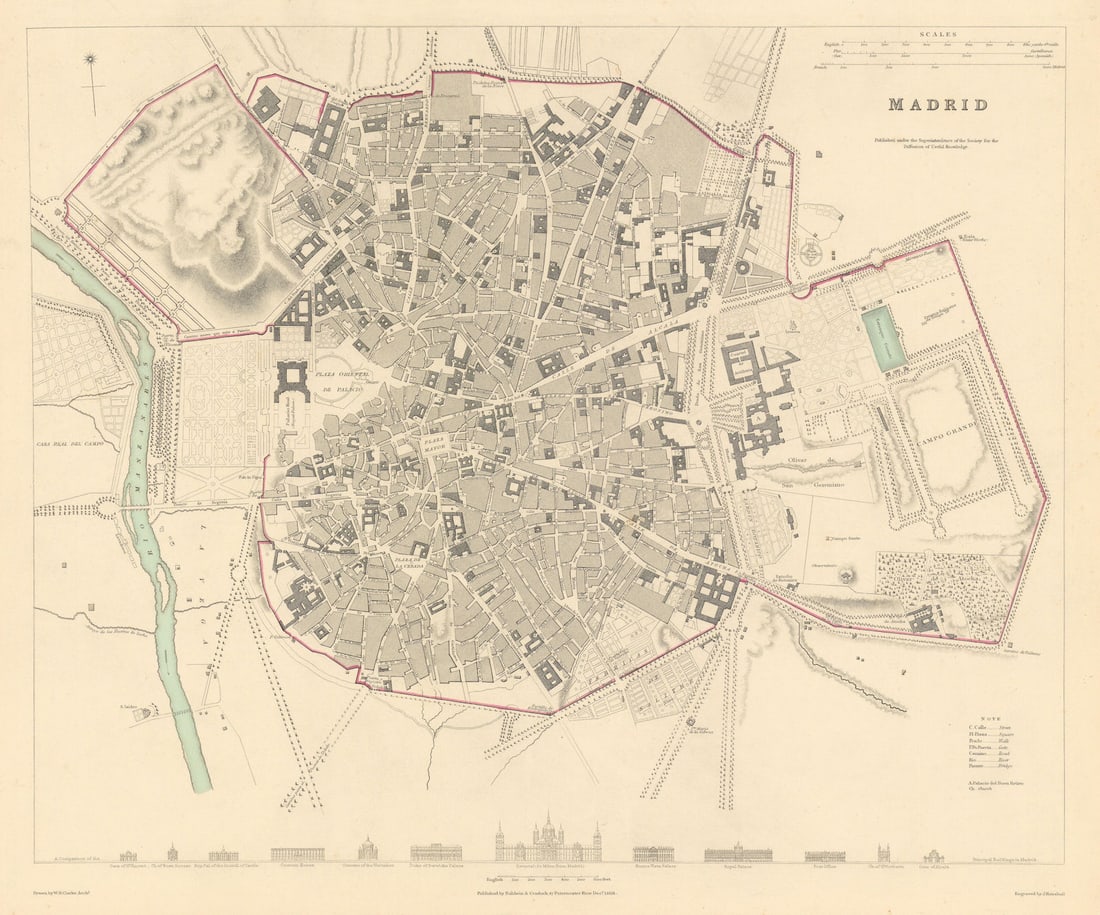 MADRID. Antique town city map plan. Original outline colour. SDUK 1844 old (1 of 1)