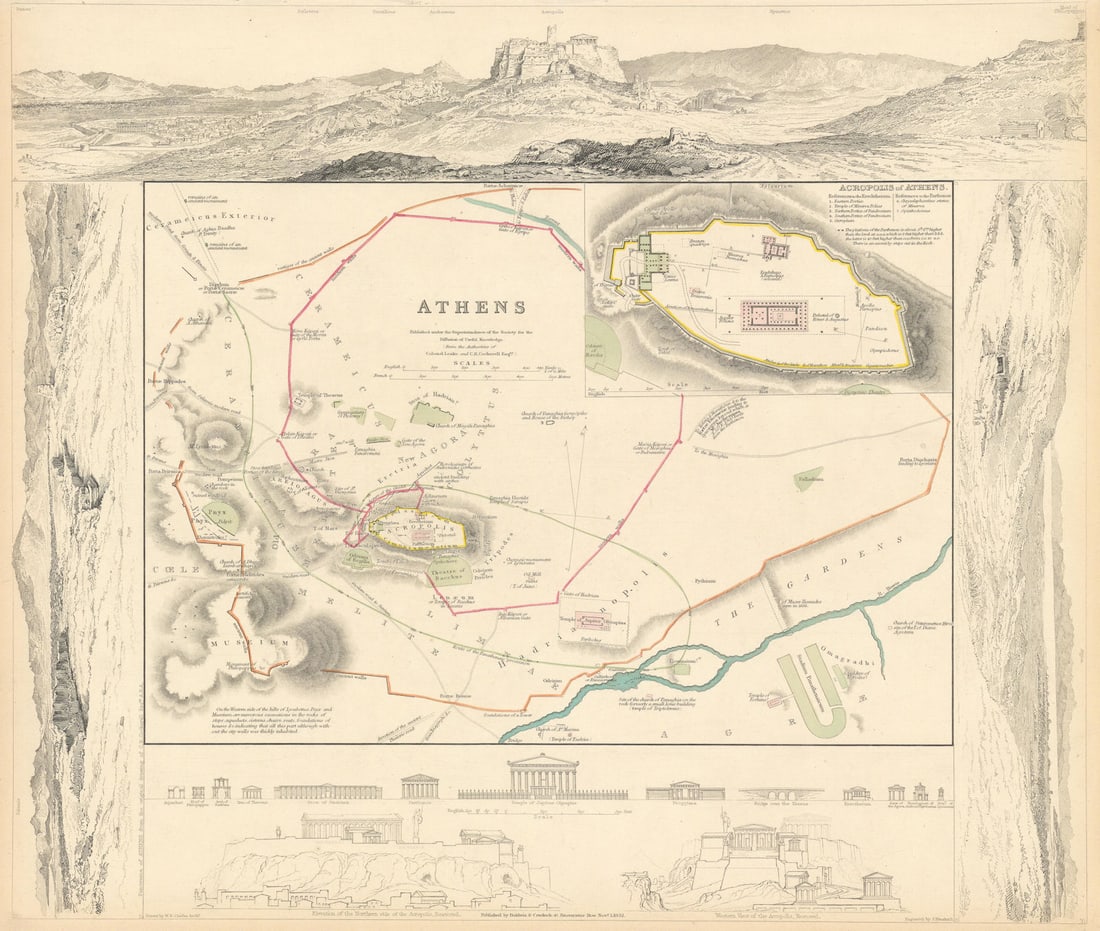 ANCIENT ATHENS. Αθήνα. Antique town city map plan. Acropolis. SDUK 1844: Title: ANCIENT ATHENS. Αθήνα. Antique town city map plan. Acropolis. SDUK 1844 Description: ATHENS.; inset Acropolis'. Cartography by WB Clarke; Colonel Leake; CR Cockerell; e