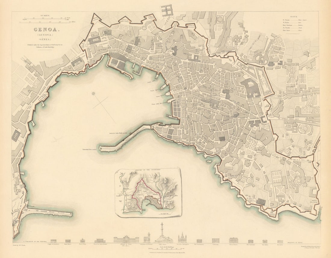 GENOVA (GENOA GÊNES) GÈNES. Antique town city map plan.Inset outworks.SDUK 1844 (1 of 1)