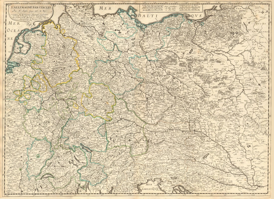 L'Allemagne par cercles' by Nicholas SANSON. Central Europe 1645 old map: Title: L'Allemagne par cercles' by Nicholas SANSON. Central Europe 1645 old map Description: L'Allemagne par cercles [This title has been overlaid onto the original title of the map: "Carte Generale d