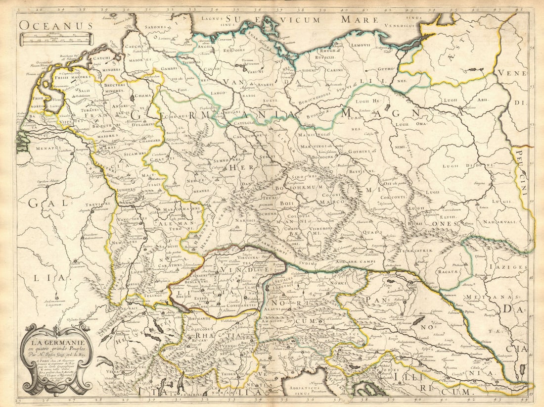 La Germanie en quatre grands peuples' by Nicholas SANSON 1651 old antique map: Title: La Germanie en quatre grands peuples' by Nicholas SANSON 1651 old antique map Description: La Germanie en quatre grands peuples [This title has been overlaid onto the original title of the map: