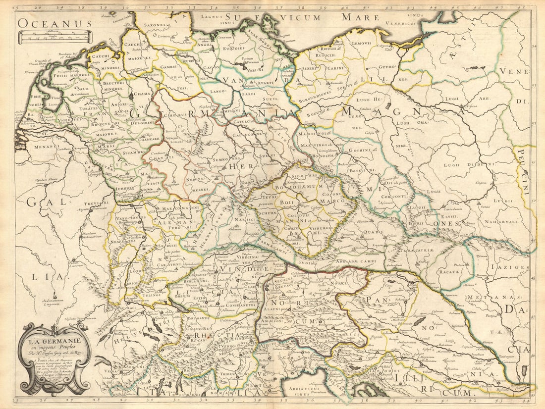 La Germanie en moyens peuples' by Nicholas SANSON. Central Europe 1651 map: Title: La Germanie en moyens peuples' by Nicholas SANSON. Central Europe 1651 map Description: La Germanie en moyens peuples [This title has been overlaid onto the original title of the map: "Germania