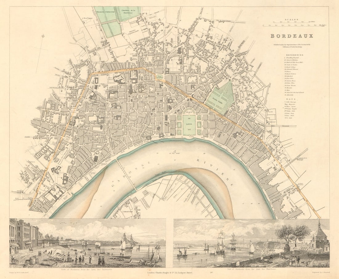 BORDEAUX. Antique town city map plan. Inset Quai Salinieres Chartrons. SDUK 1847: Title: BORDEAUX. Antique town city map plan. Inset Quai Salinieres Chartrons. SDUK 1847 Description: BORDEAUX.' by S.D.U.K. - Society for the Diffusion of Useful Knowledge. Published 1847. Antique