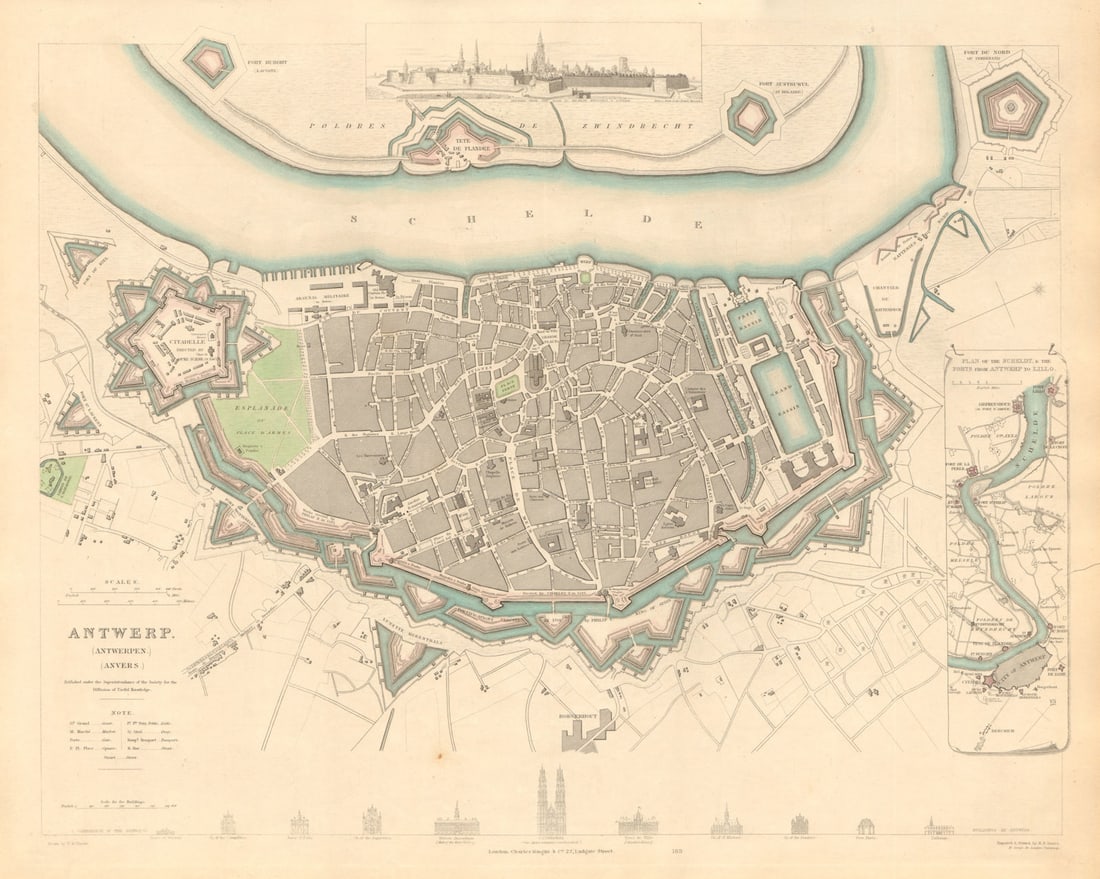 ANTWERP ANTWERPEN ANVERS. Town city map. Schelde forts Lillo. SDUK 1847: Title: ANTWERP ANTWERPEN ANVERS. Town city map. Schelde forts Lillo. SDUK 1847 Description: ANTWERP (ANTWERPEN) (ANVERS); inset plan of the Schelde and forts from Antwerp to Lillo' by S.D.U.K. -