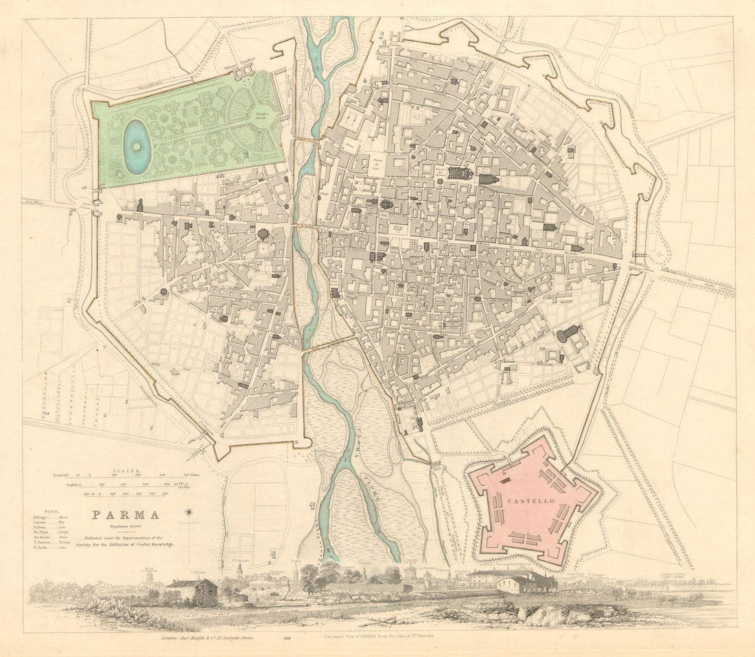 PARMA. Antique town city map plan & panorama. Parme. SDUK 1847 old: Title: PARMA. Antique town city map plan & panorama. Parme. SDUK 1847 old Description: PARMA' by S.D.U.K. - Society for the Diffusion of Useful Knowledge. Published 1847. Antique steel engraved map