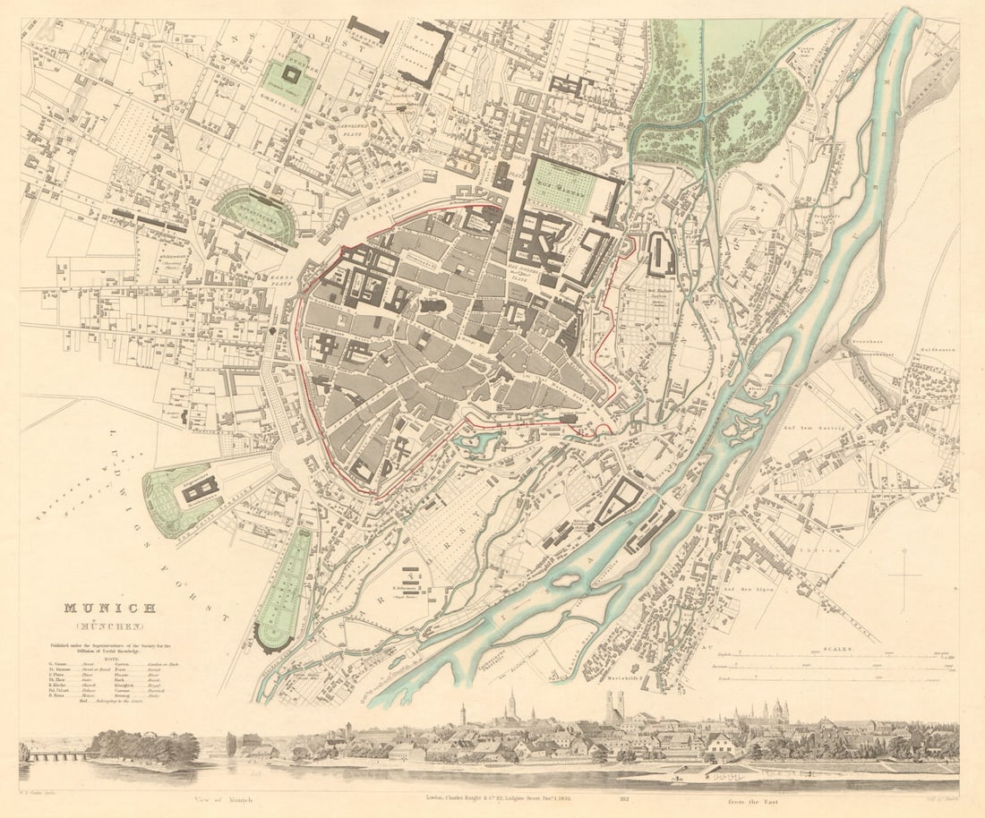 MUNICH MÜNCHEN MUNCHEN. Antique town city map plan & panorama. SDUK 1847 (1 of 1)