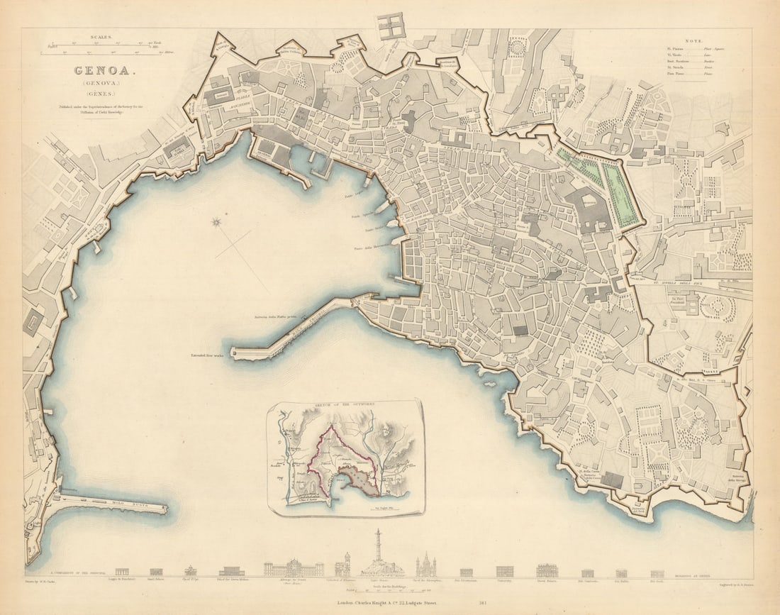 GENOVA GENOA GÊNES GÈNES. Antique town city map plan. Inset outworks. SDUK 1847: Title: GENOVA GENOA GÊNES GÈNES. Antique town city map plan. Inset outworks. SDUK 1847 Description: GENOA (GENOVA) (GÈNES); inset Outworks' by S.D.U.K. - Society for the Diffusion of
