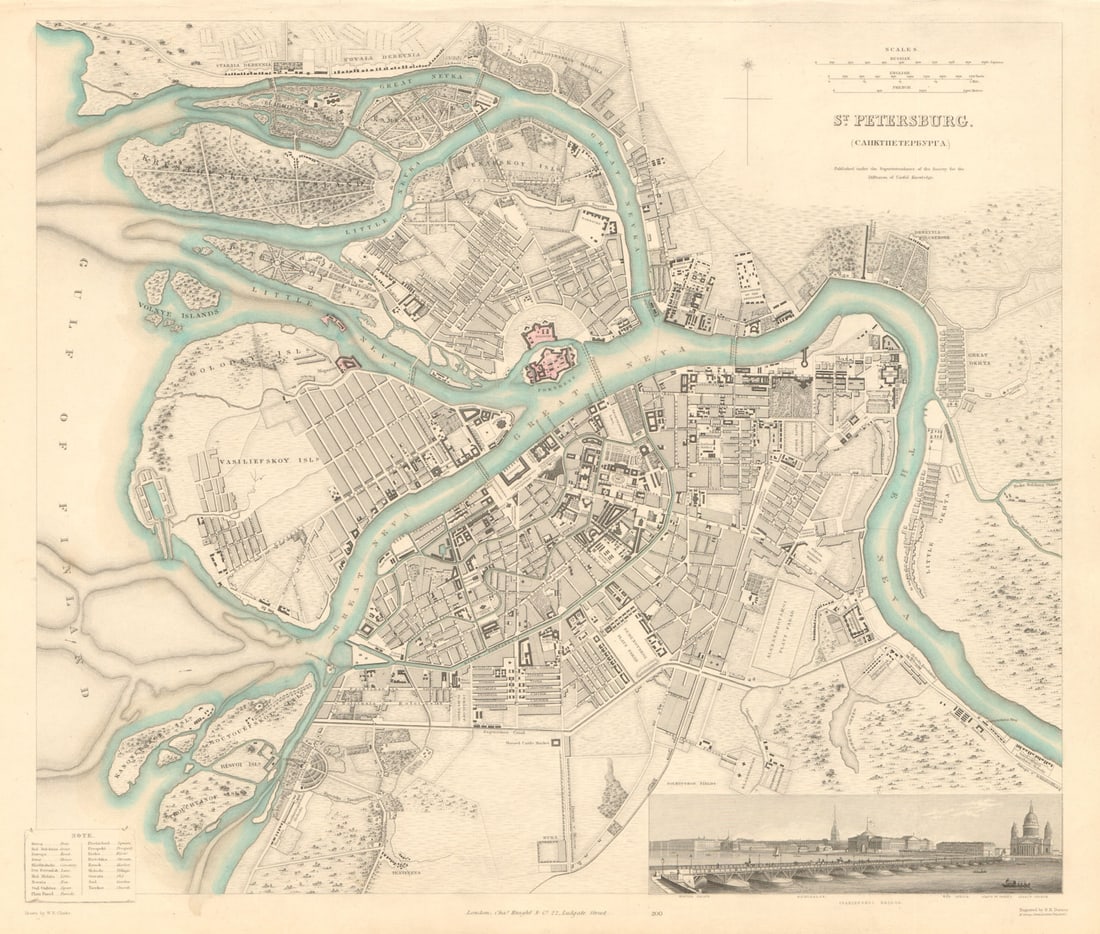 ST PETERSBURG Санкт-Петербу: Title: ST PETERSBURG Санкт-Петербург. Antique town city map plan. Panorama. SDUK 1847 Description: ST PETERSBURG' by