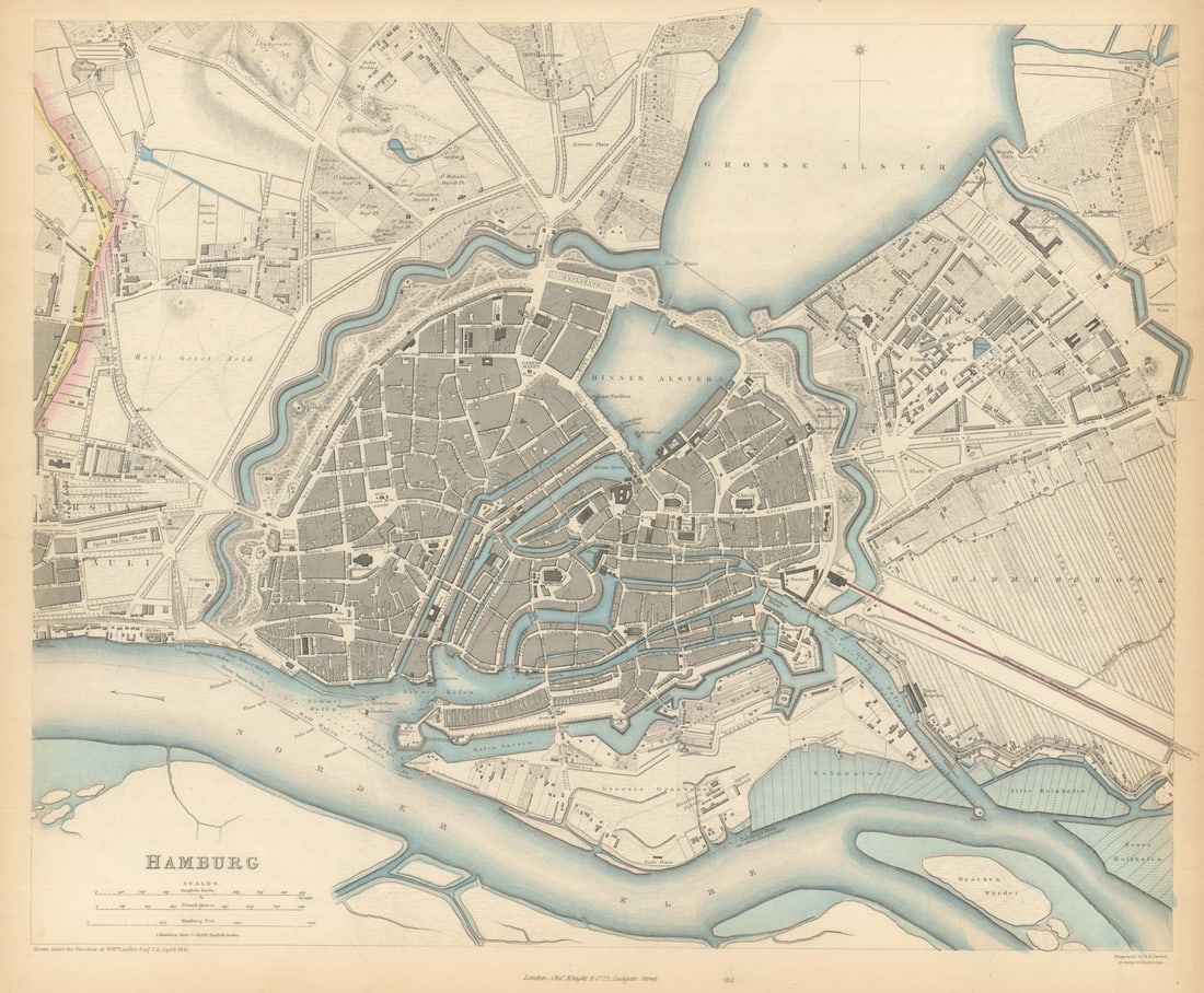 HAMBURG. Antique town city map plan. SDUK 1847 old chart (1 of 1)