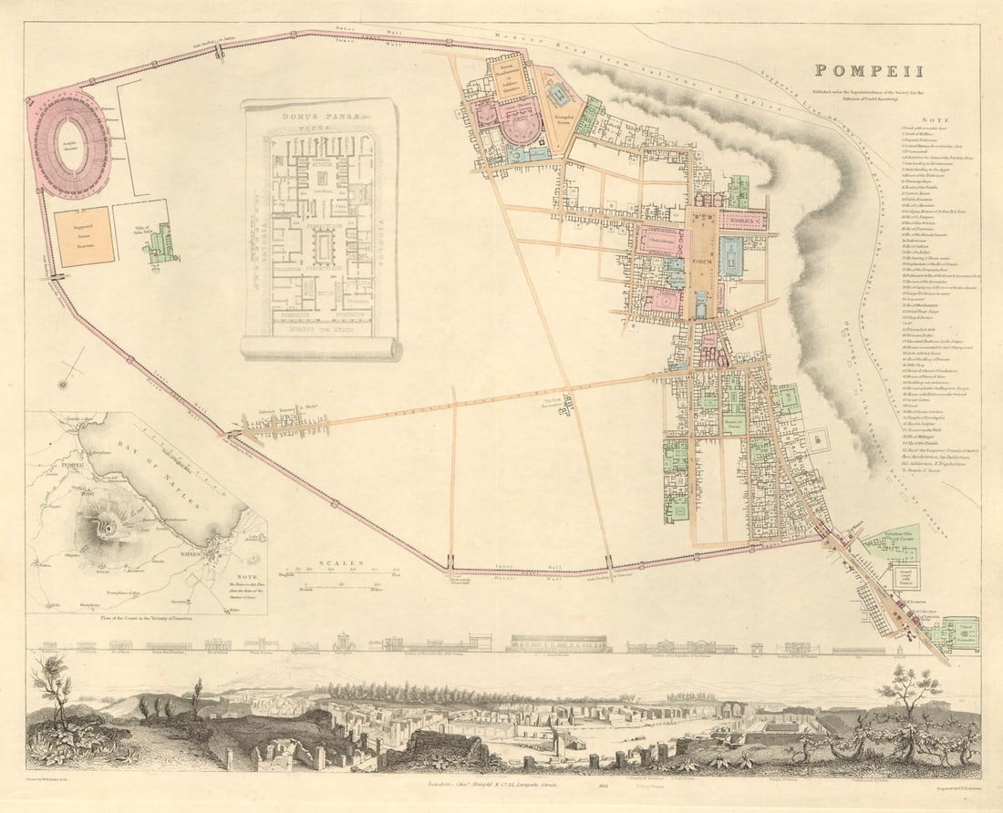 POMPEII antique town city map & panorama. Domus Pansae; Bay of Naples. SDUK 1847: Title: POMPEII antique town city map & panorama. Domus Pansae; Bay of Naples. SDUK 1847 Description: POMPEII.; inset Domus Pansae; plan of the coast in the vicinity of Vesuvius' by S.D.U.K. - Society 