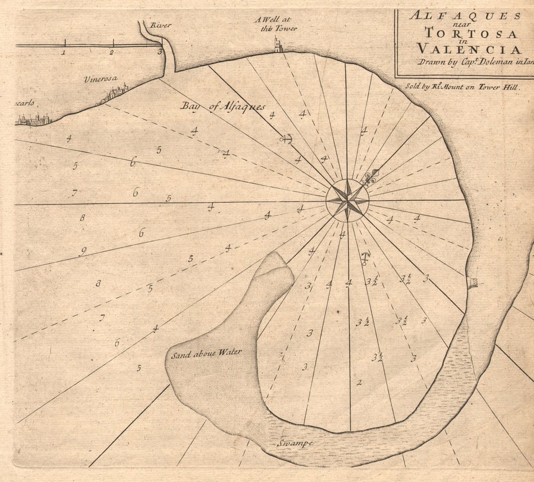 Alfaques near Tortosa in Valencia. Vinaros Alfacs Bay DOLEMAN sea chart 1747 map: Title: Alfaques near Tortosa in Valencia. Vinaros Alfacs Bay DOLEMAN sea chart 1747 map Description: Alfaques near Tortosa in Valencia'. The following places are shown or referred to on the map: