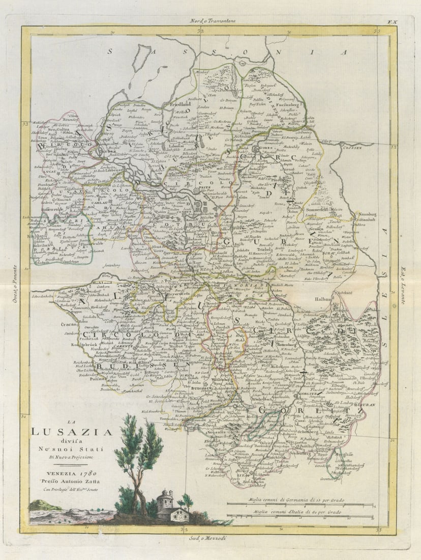 La Lusazia divisa ne suoi stati. Lusatia. Germany / Poland. ZATTA 1783 map: Title: "La Lusazia divisa ne suoi stati". Lusatia. Germany / Poland. ZATTA 1783 map Description: La Lusazia divisa ne suoi stati di nuova projezione'. "Lusatia divided in its states". The southern par