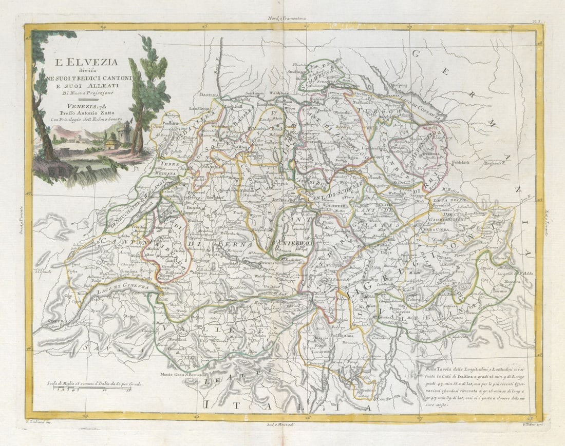 L'Elvezia divisa ne suoi Tredici Cantoni…. Switzerland. ZATTA 1783 old map: Title: "L'Elvezia divisa ne suoi Tredici Cantoni…". Switzerland. ZATTA 1783 old map Description: L'Elvezia divisa ne suoi Tredici Cantoni e suoi Alleati di nuova projezione'. The Confederation