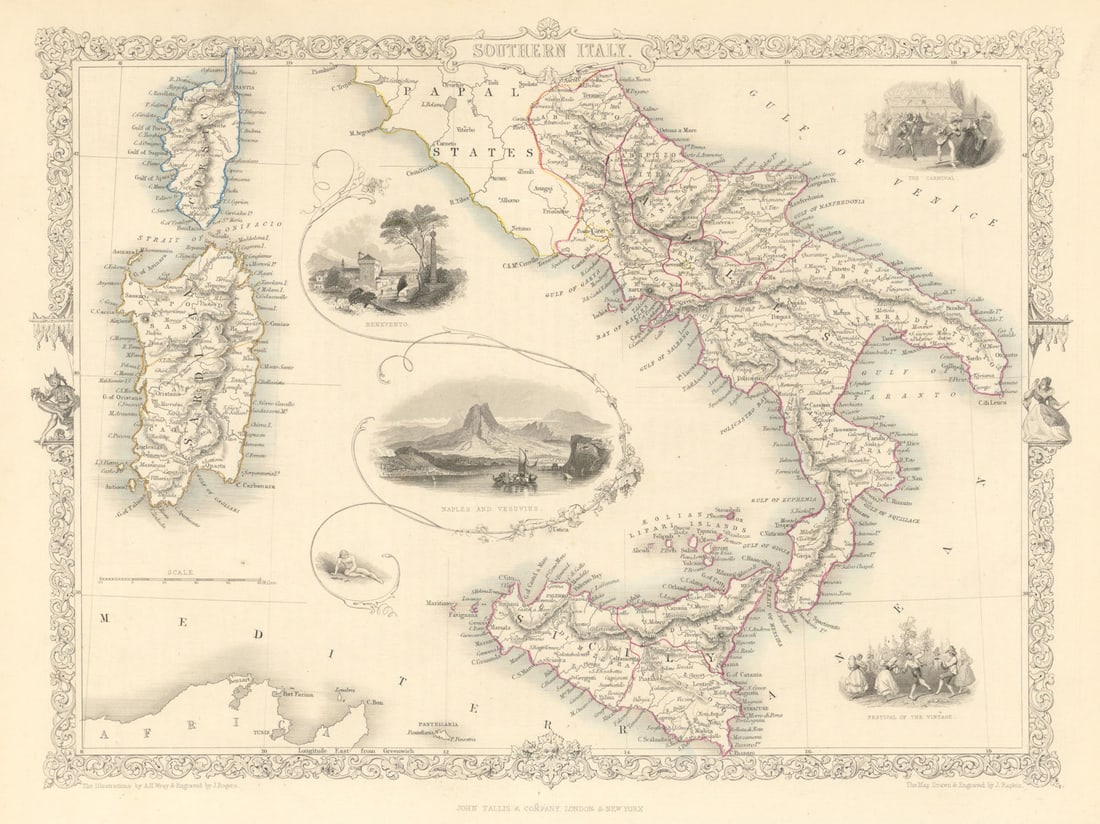 SOUTHERN ITALY. Naples/Vesuvius. Sicily Sardinia Corsica. RAPKIN/TALLIS 1851 map: Title: SOUTHERN ITALY. Naples/Vesuvius. Sicily Sardinia Corsica. RAPKIN/TALLIS 1851 map Description: Southern Italy'. Naples, Sicily, Corsica & Sardinia. Vignettes: Benevento; The Carnival; Naples