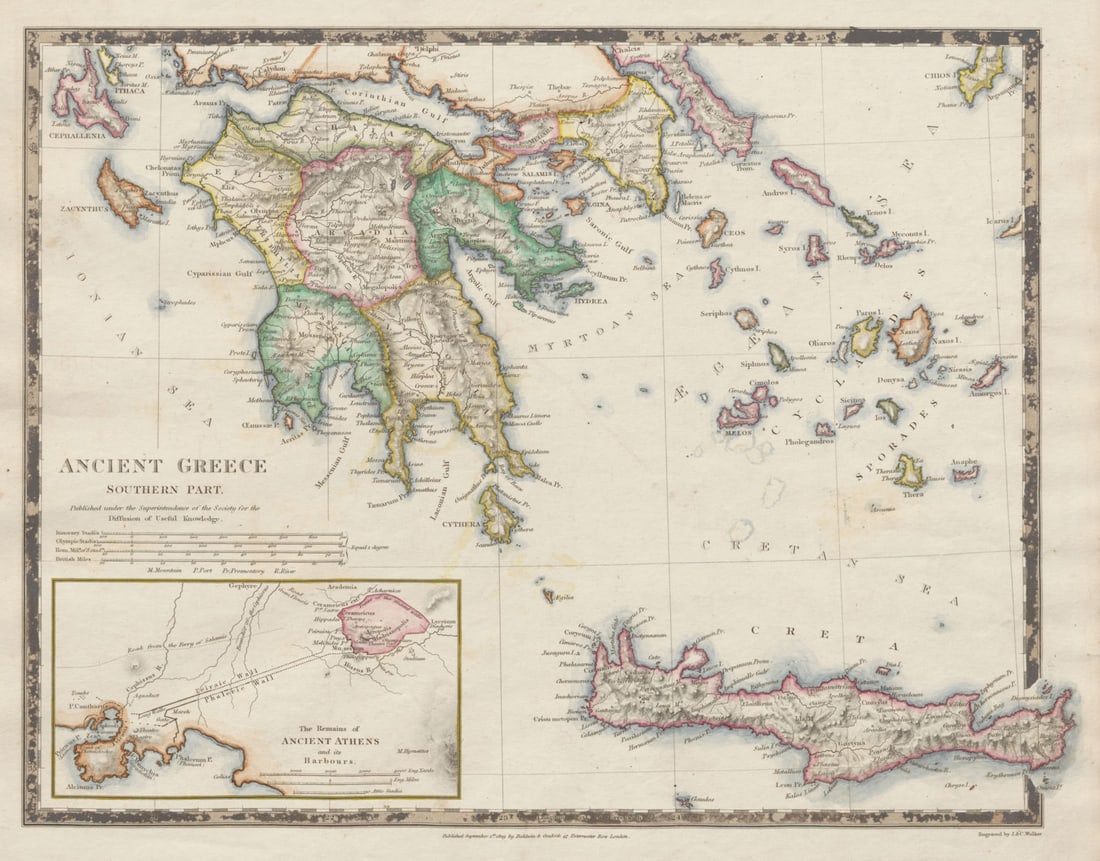ANCIENT GREECE.Morea Creta Athens Peloponnesus Cyclades Arcadia SDUK 1844 map: Title: ANCIENT GREECE.Morea Creta Athens Peloponnesus Cyclades Arcadia SDUK 1844 map Description: ANCIENT GREECE, SOUTHERN PART: Morea and Creta; inset Ancient Athens' by S.D.U.K. - Society for the