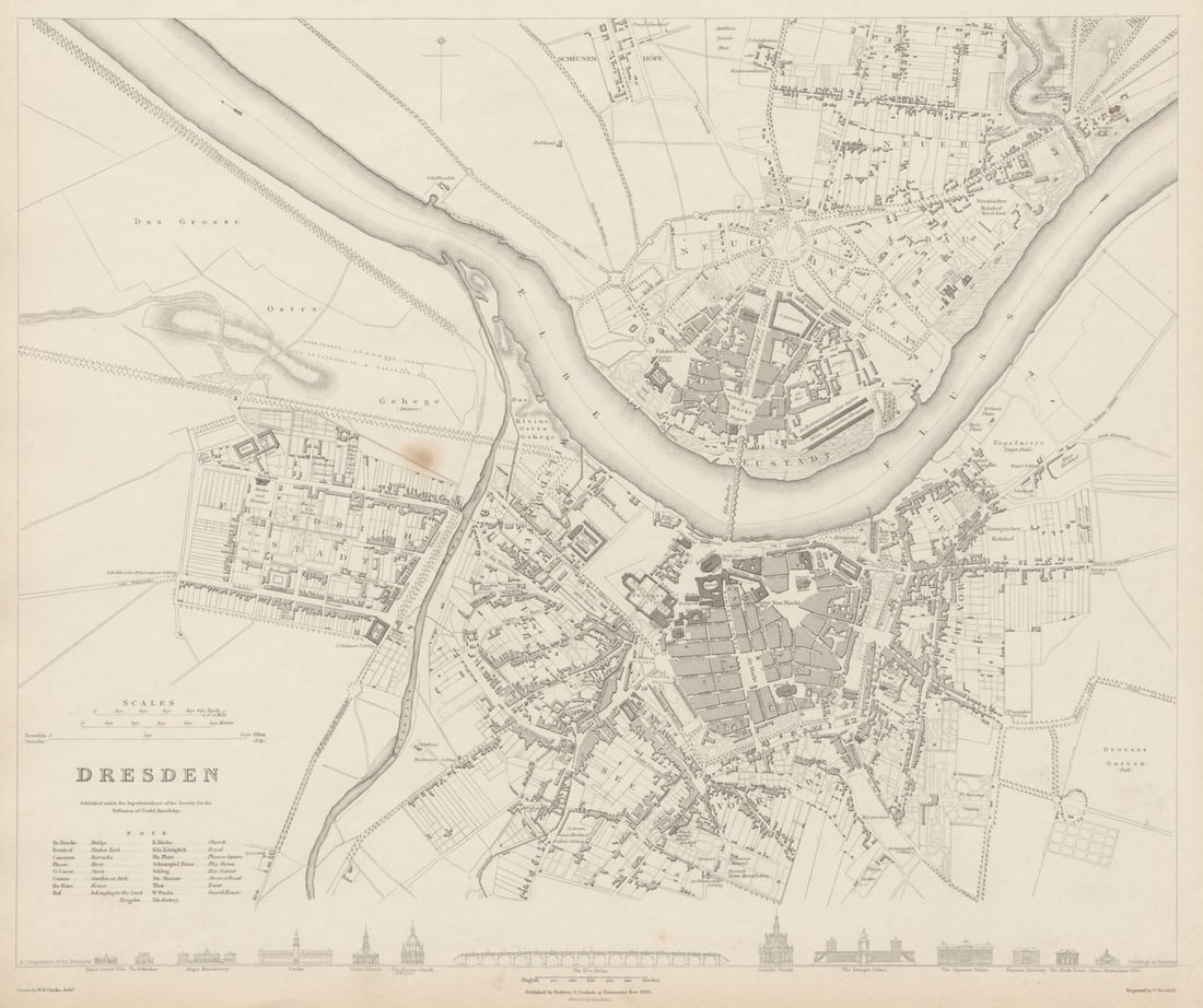 DRESDEN antique town city map plan. Friedrichstadt Altstadt Neustadt SDUK 1844 (1 of 1)