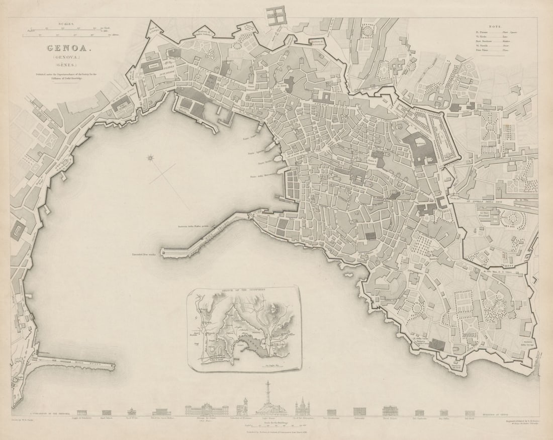 GENOVA (GENOA GÊNES) GÈNES antique town city map plan.Inset outworks SDUK 1844 (1 of 1)