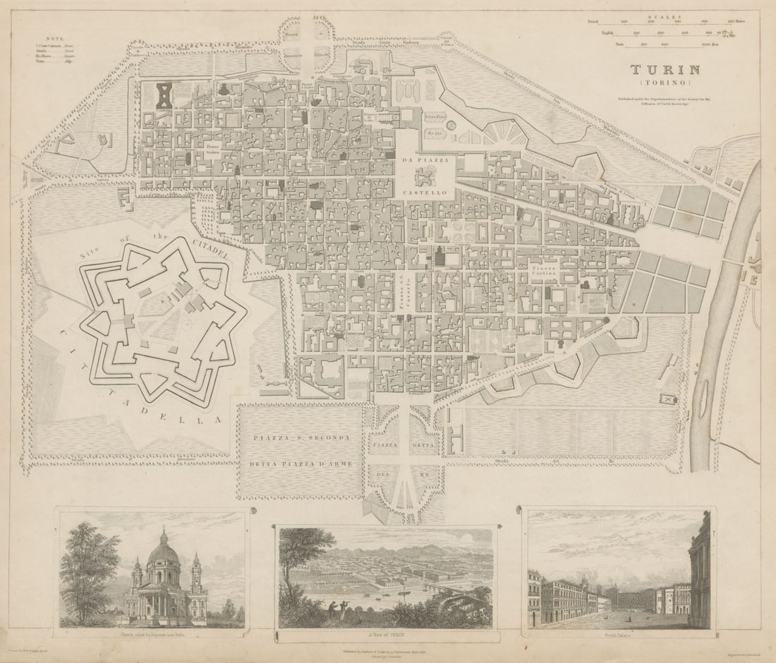 TURIN TORINO.Antique town city map plan.Panorama.Superga.Royal Palace SDUK 1844: Title: TURIN TORINO.Antique town city map plan.Panorama.Superga.Royal Palace SDUK 1844 Description: TURIN ( TORINO)' by S.D.U.K. - Society for the Diffusion of Useful Knowledge. Published 1844 - This 