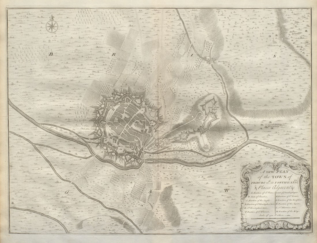 A new plan of the town of Friburg. Freiburg im Breisgau. DU BOSC 1736 old map: Title: A new plan of the town of Friburg. Freiburg im Breisgau. DU BOSC 1736 old map Description: A new plan of the town of Friburg wth. it's fortifications & places adjacent &c.' by Du Bosc,