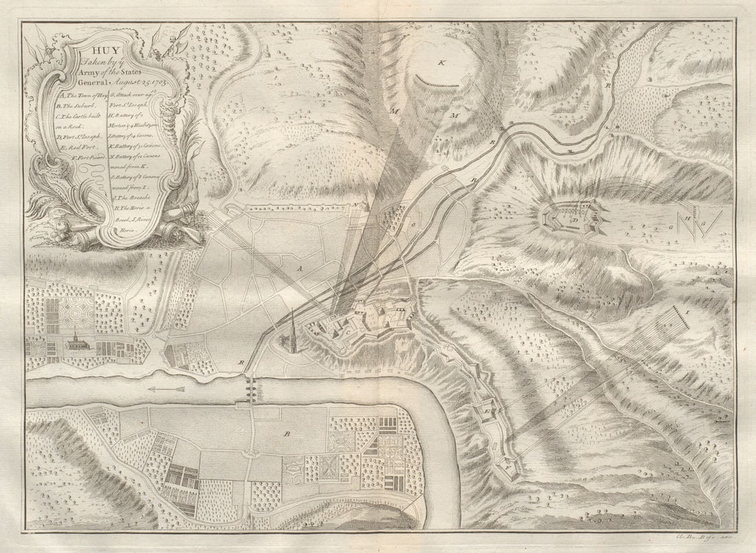 Huy taken by ye Army of the States General. 1703. Belgium. DU BOSC 1736 map: Title: Huy taken by ye Army of the States General. 1703. Belgium. DU BOSC 1736 map Description: Huy taken by ye Army of the States General August 25, 1703' by Du Bosc, Claude. Published 1736. Antique 