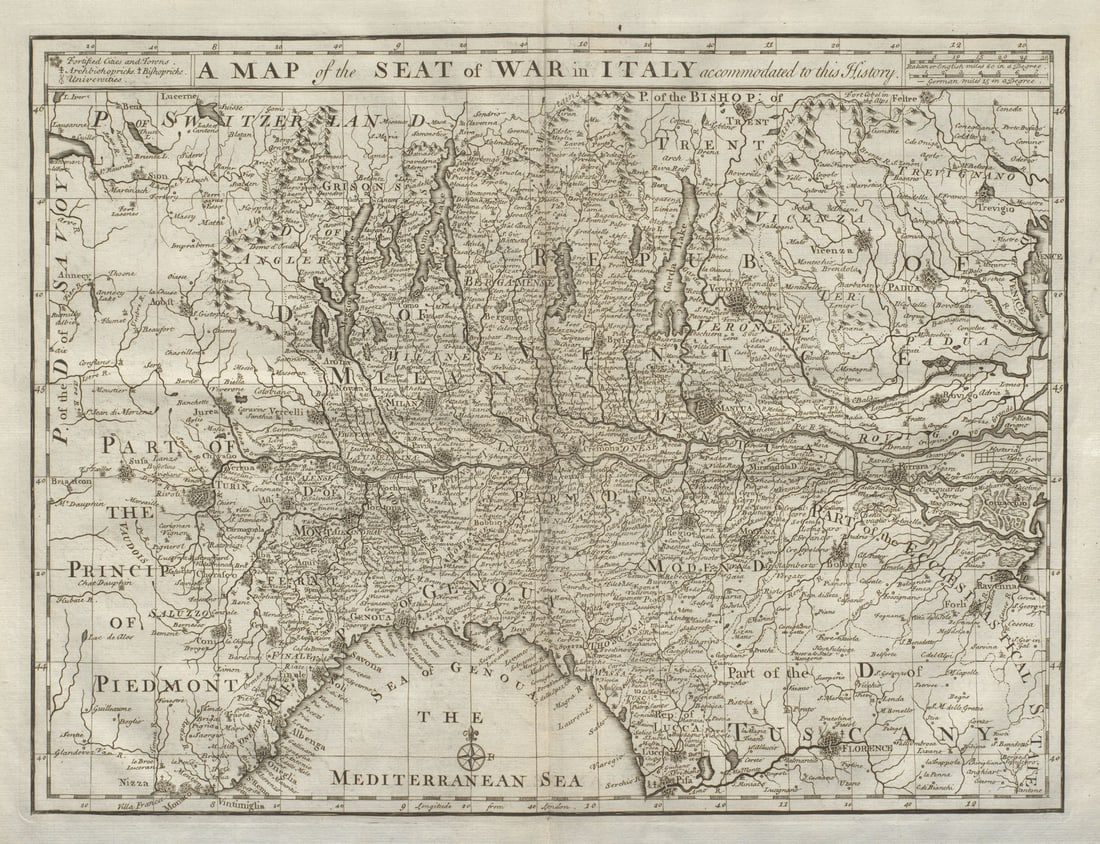 A map of the seat of war in Italy accommodated to this History. DU BOSC 1736: Title: A map of the seat of war in Italy accommodated to this History. DU BOSC 1736 Description: A map of the seat of war in Italy accommodated to this History' by Du Bosc, Claude. Published 1736.
