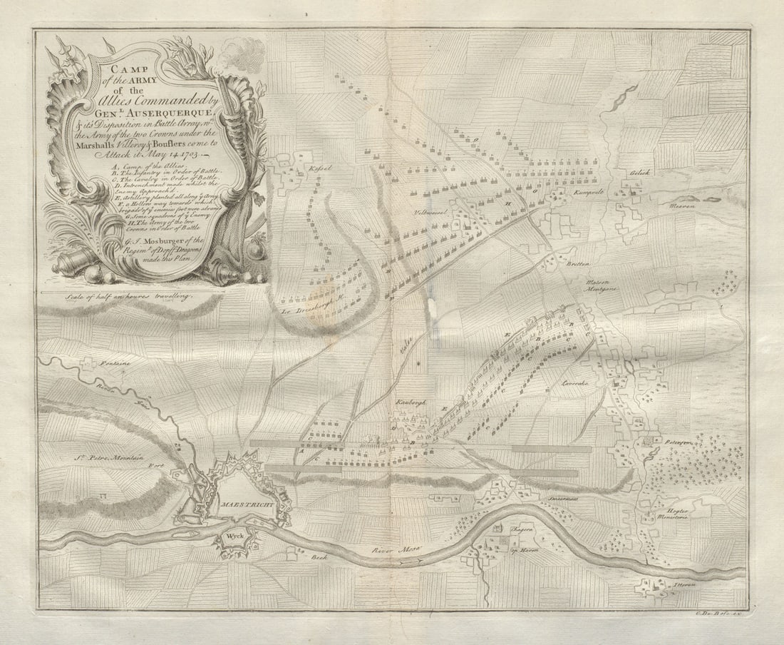 Allied camp May 14, 1703. Maastricht, Netherlands. DU BOSC 1736 old map: Title: Allied camp May 14, 1703. Maastricht, Netherlands. DU BOSC 1736 old map Description: Camp of the army of the Allies commanded by General Auserquerque, & it's disposition in battle array, wn