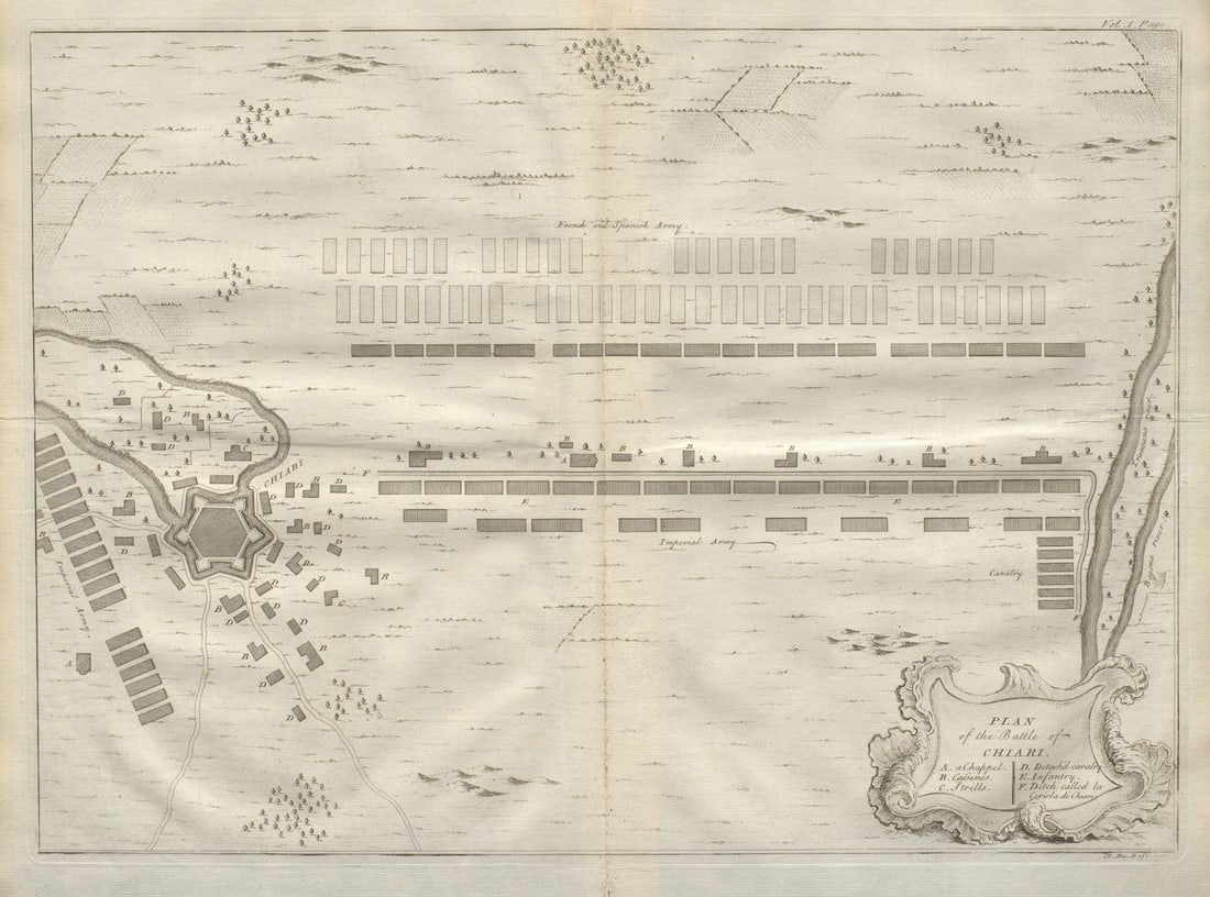 Plan of the Battle of Chiari. Lombardy, 1701. DU BOSC 1736 old antique map: Title: Plan of the Battle of Chiari. Lombardy, 1701. DU BOSC 1736 old antique map Description: Plan of the Battle of Chiari' by Du Bosc, Claude. Published 1736. Antique 18th century copperplate map. S