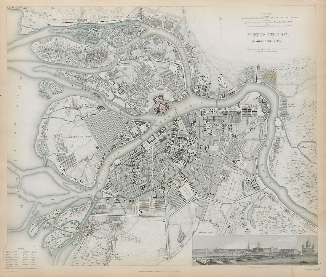 ST PETERSBURG Санкт-Петербу: Title: ST PETERSBURG Санкт-Петербург Antique city town map plan Panorama SDUK 1844 Description: ST PETERSBURG' by S.