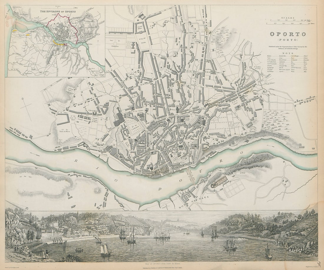 OPORTO PORTO Antique city town map plan & panorama Inset environs SDUK 1844 (1 of 1)