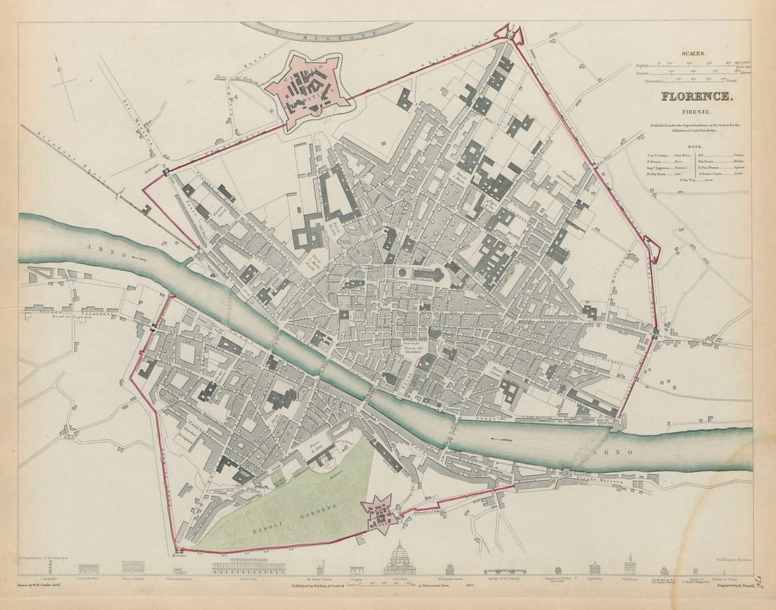 FLORENCE FIRENZE Antique city town map plan Key buildings profiles SDUK 1844 (1 of 1)