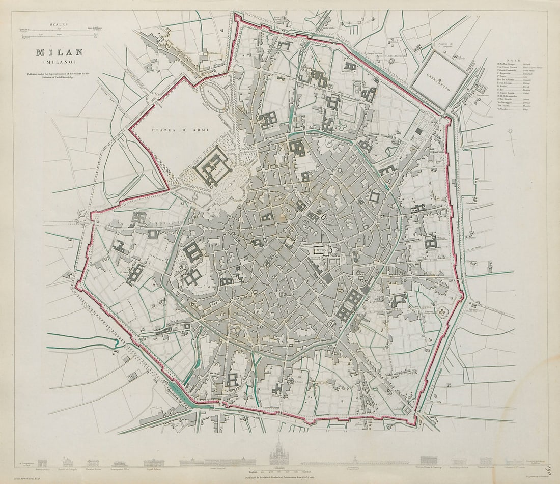 MILAN MILANO Antique city town map plan Main buildings profiles SDUK 1844: Title: MILAN MILANO Antique city town map plan Main buildings profiles SDUK 1844 Description: MILAN (MILANO)' by S.D.U.K. - Society for the Diffusion of Useful Knowledge. Published 1844 - This map