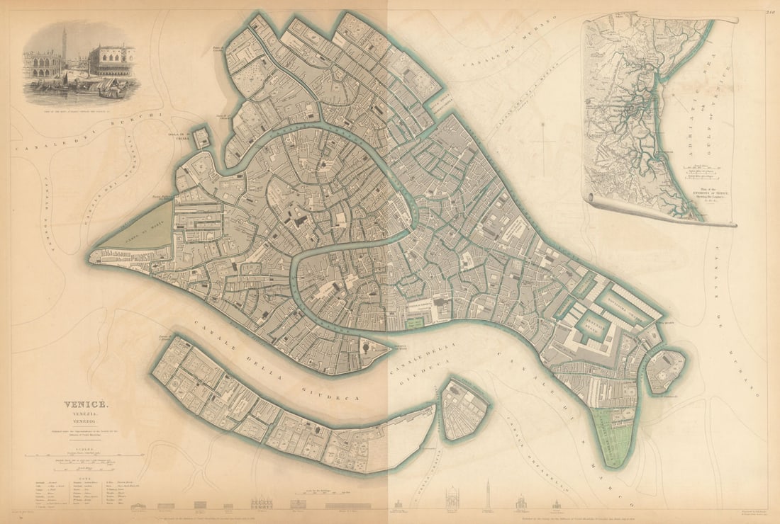 VENICE VENEZIA VENEDIG. Antique town city map plan. Environs. LARGE. SDUK 1844 (1 of 1)