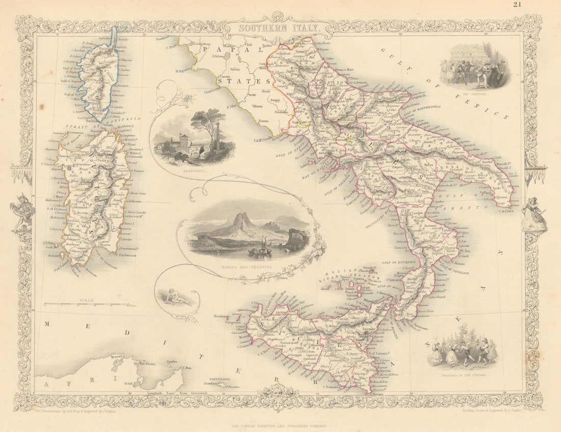 SOUTHERN ITALY. Naples/Vesuvius. Sicily Sardinia Corsica. RAPKIN/TALLIS 1851 map: Title: SOUTHERN ITALY. Naples/Vesuvius. Sicily Sardinia Corsica. RAPKIN/TALLIS 1851 map Description: Southern Italy'. Naples, Sicily, Corsica & Sardinia. Vignettes: Benevento; The Carnival; Naples