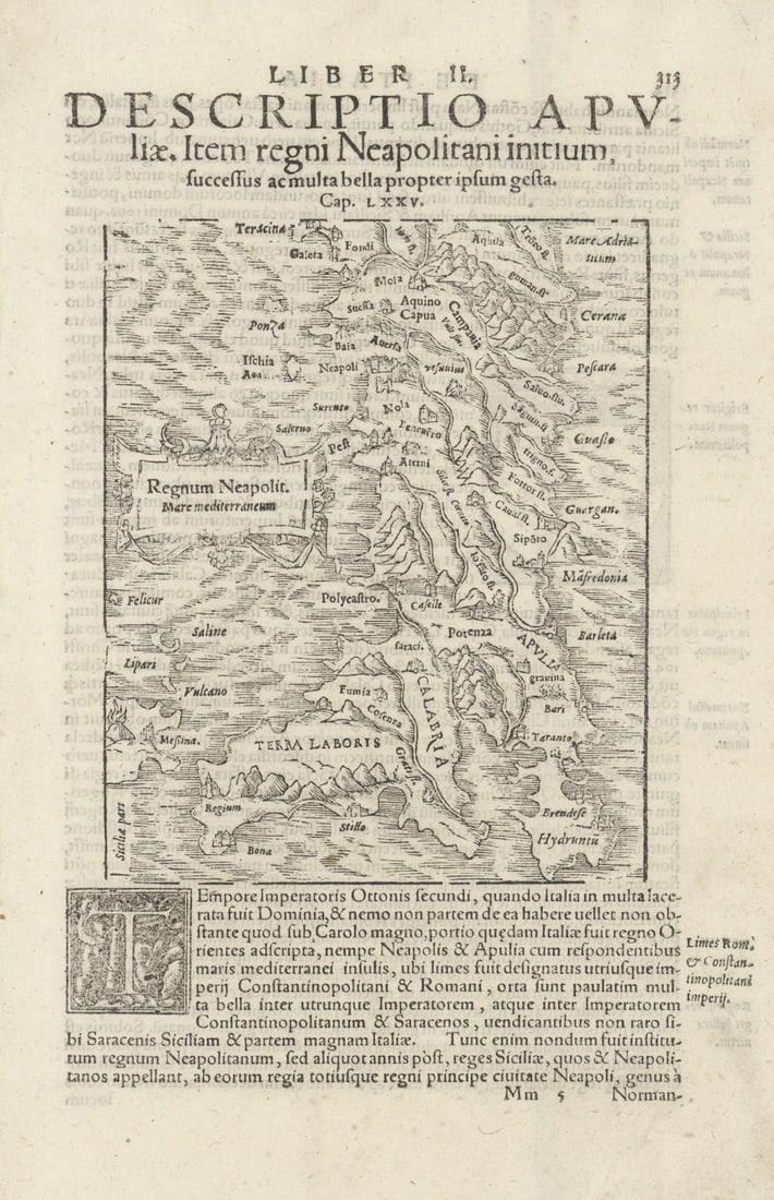 Regni Neapolitani. Kingdom of Naples. Southern Italy. Apulia. MÜNSTER 1572 map: Title: Regni Neapolitani. Kingdom of Naples. Southern Italy. Apulia. MÜNSTER 1572 map Description: Descriptio Apuliae. Item regni Neapolitani initium, successus ac multa bella propter ipsum