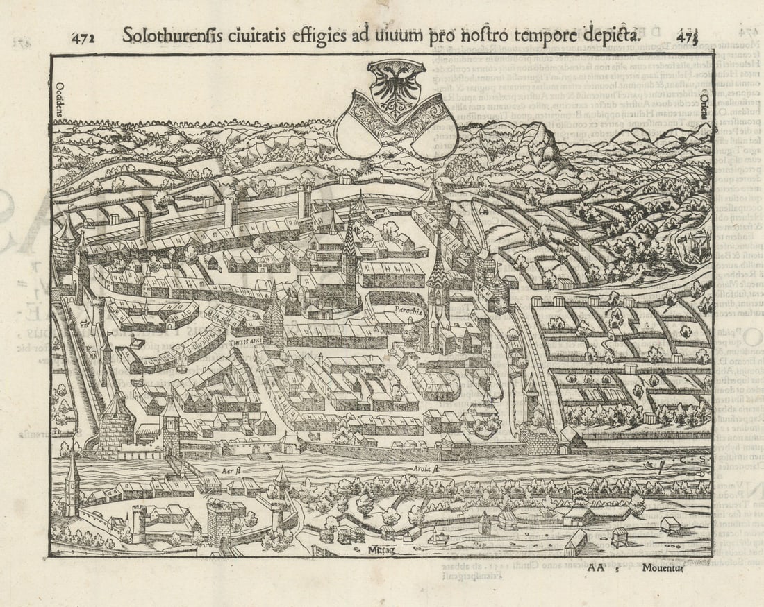 Solothurensis civitatis… The city of Solothurn, Switzerland. MÜNSTER 1572 map: Title: Solothurensis civitatis… The city of Solothurn, Switzerland. MÜNSTER 1572 map Description: Solothurensis civitatis effigies ad im pro nostro tempore depicta [The city of Solothurn]