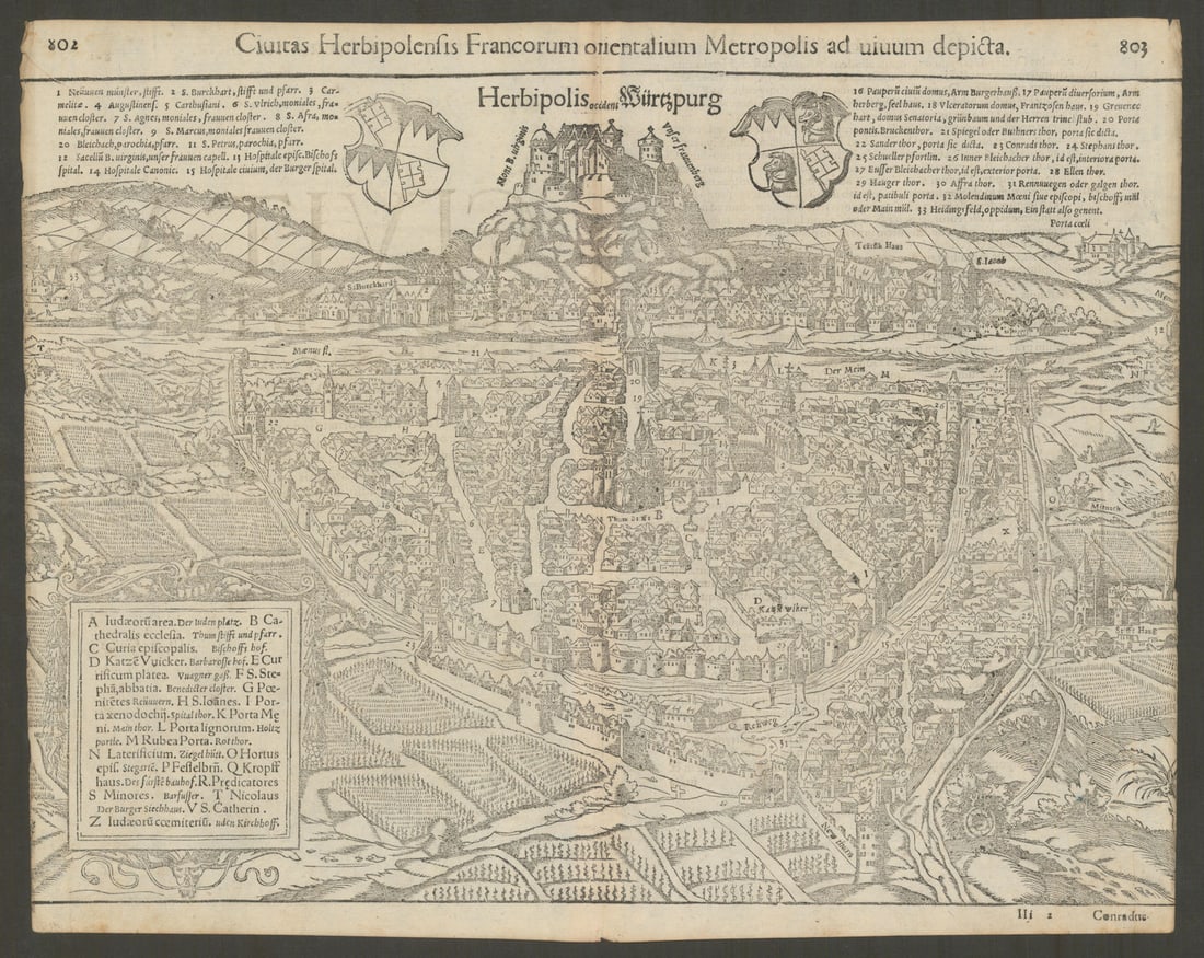 Civitas Herbipolensis… Herbipolis Würtzpurg. Würzburg, Bavaria. MÜNSTER 1572: Title: Civitas Herbipolensis… Herbipolis Würtzpurg. Würzburg, Bavaria. MÜNSTER 1572 map Description: Civitas Herbipolensis Francorum orientalium Metropolis ad vivum depicta -