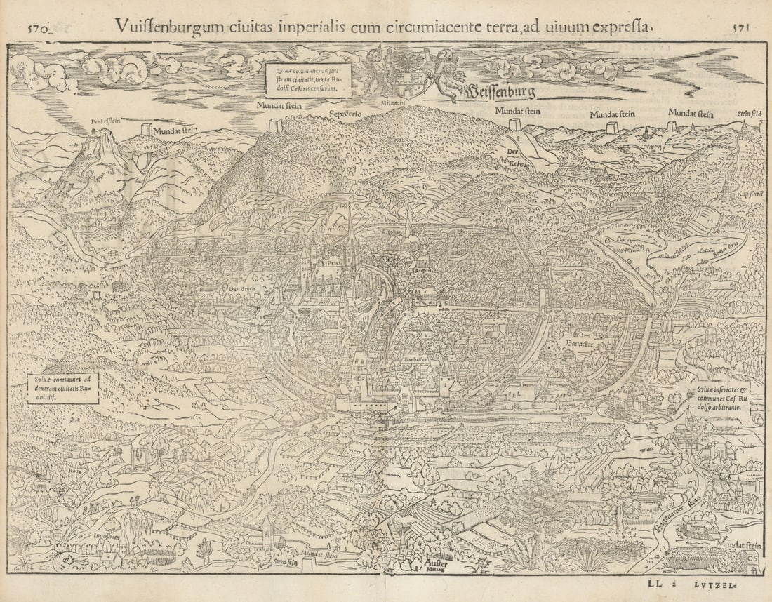 Wissenburgum civitas… The city of Weissenburg in Bayern. MÜNSTER 1572 old map (1 of 1)