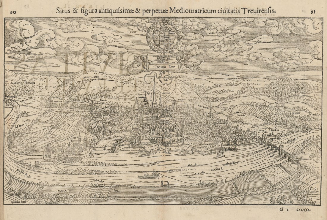 …Civitatis Trevirensis. The city of Trier, Rhineland-Palatinate MÜNSTER 1572 map: Title: …Civitatis Trevirensis. The city of Trier, Rhineland-Palatinate MÜNSTER 1572 map Description: Situs et figura antiquissimae & perpetuae Mediomatricum civitatis Trevirensis [The