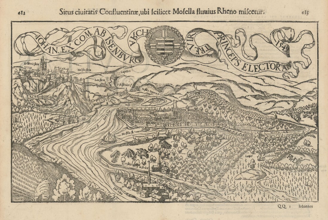 Situs civitatis Confluentinae… The city of Koblenz, Germany. MÜNSTER 1572 map: Title: Situs civitatis Confluentinae… The city of Koblenz, Germany. MÜNSTER 1572 map Description: Iohan ex com ab Isenburg arch trevir Princeps Electoran 1549 - Situs civitatis