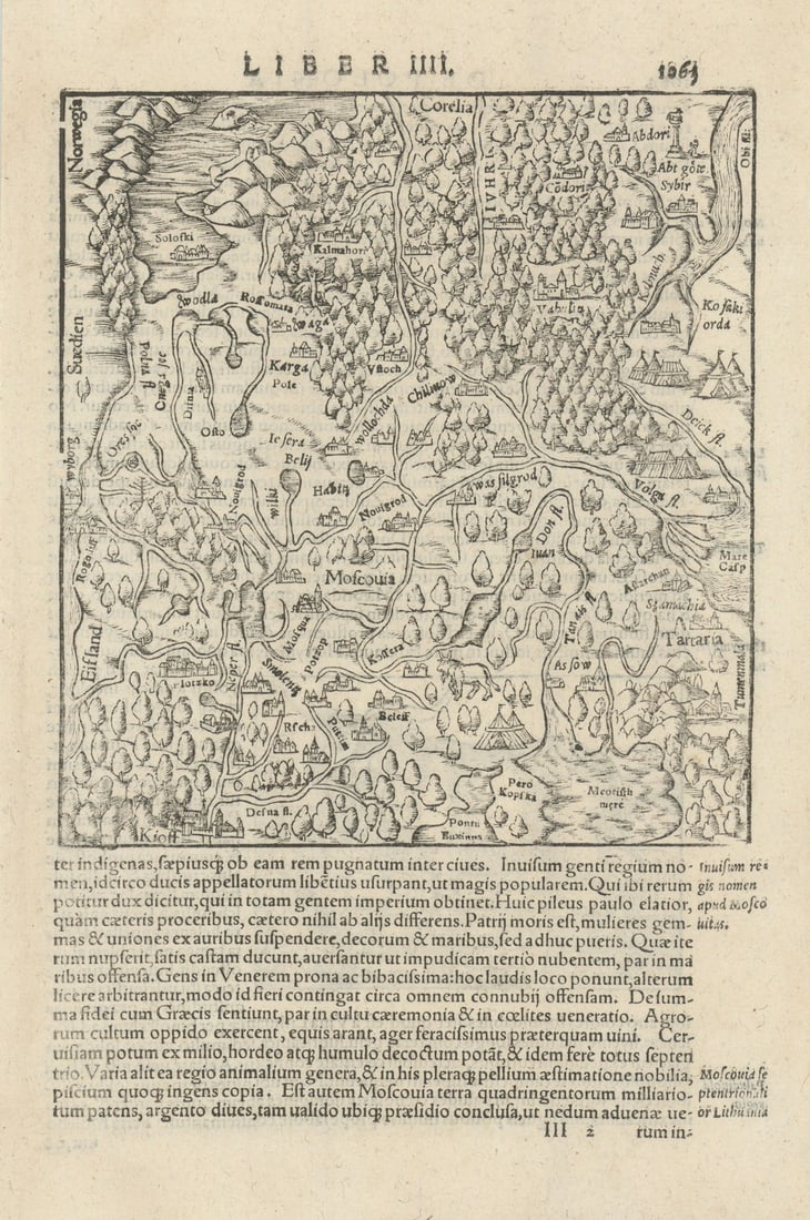 Untitled map of Moscovy. Russia Ukraine. Kiev-Caspian-Karelia. MÜNSTER 1572: Title: Untitled map of Moscovy. Russia Ukraine. Kiev-Caspian-Karelia. MÜNSTER 1572 Description: [Moscovia] [Untitled map of Moscovy. Range: Kiev - Caspian Sea - Karelia - Vyborg] by