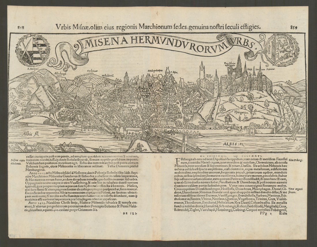 Misena Hermundurorum Urbs. Urbis Misnae… Meissen, Saxony. MÜNSTER 1572 old map: Title: Misena Hermundurorum Urbs. Urbis Misnae… Meissen, Saxony. MÜNSTER 1572 old map Description: Misena Hermundurorum Urbs - Urbis Misnae olim eius Marchium sedes genuina nostri seculi