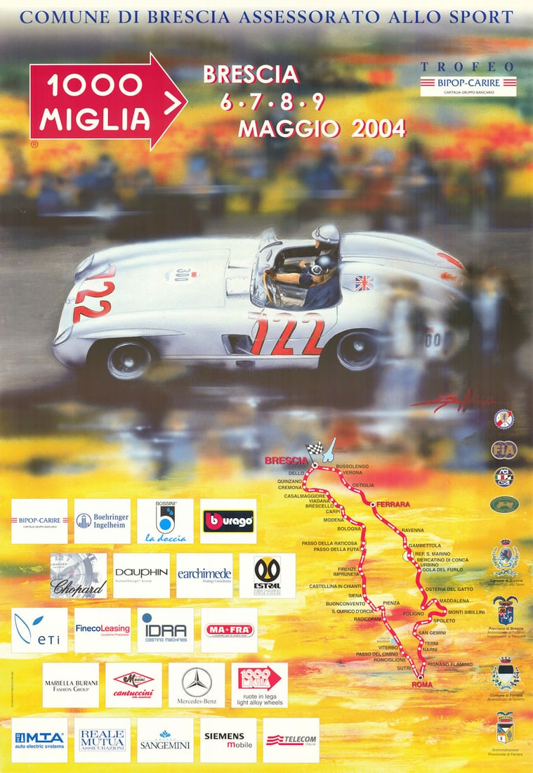 1000/Mille Miglia. Mercedes-Benz 300 SLR road race poster map 98x68cm 2004: Title: 1000/Mille Miglia. Mercedes-Benz 300 SLR road race poster map 98x68cm 2004 Description: 1000 Miglia - Brescia 6, 7, 8, 9 Maggio 2004 - Comune di Brescia Assessorato allo Sport - Trofeo Bipop-Ca