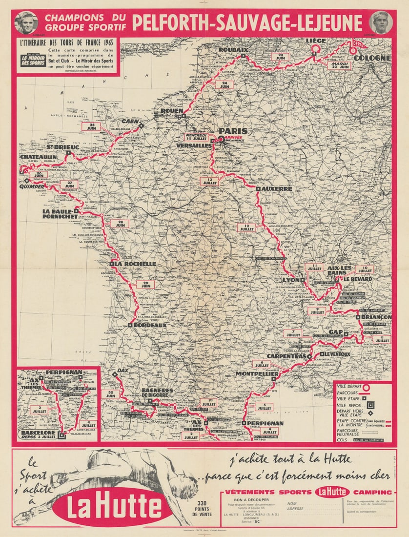 L'Itinéraire des Tours de France - Le Miroir des Sports. Route map 60x45cm 1965 (1 of 1)