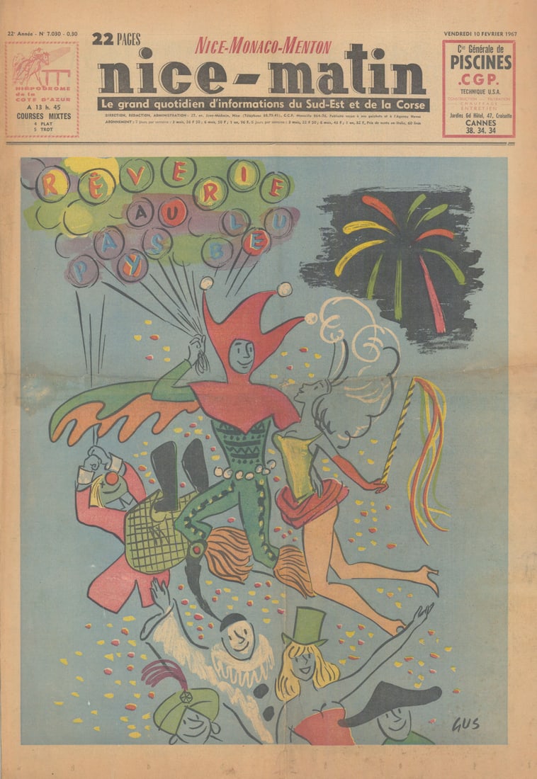Nice-Matin newspaper cover - Rêverie au Pays Bleu - Carnaval Carnival 1967 (1 of 1)