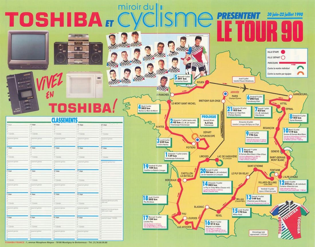 Tour de France - Miroir du Cyclisme. Cycling route poster map 58x45cm 1990: Title: Tour de France - Miroir du Cyclisme. Cycling route poster map 58x45cm 1990 Description: Toshiba et Miroir du Cyclisme presentent Le Tour 90'. Covering 3,504 km across 21 stages, the 1990 Tour d