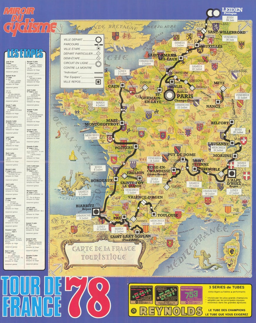 Tour de France - Miroir du Cyclisme. Cycling route poster map 57x45cm 1978 (1 of 1)