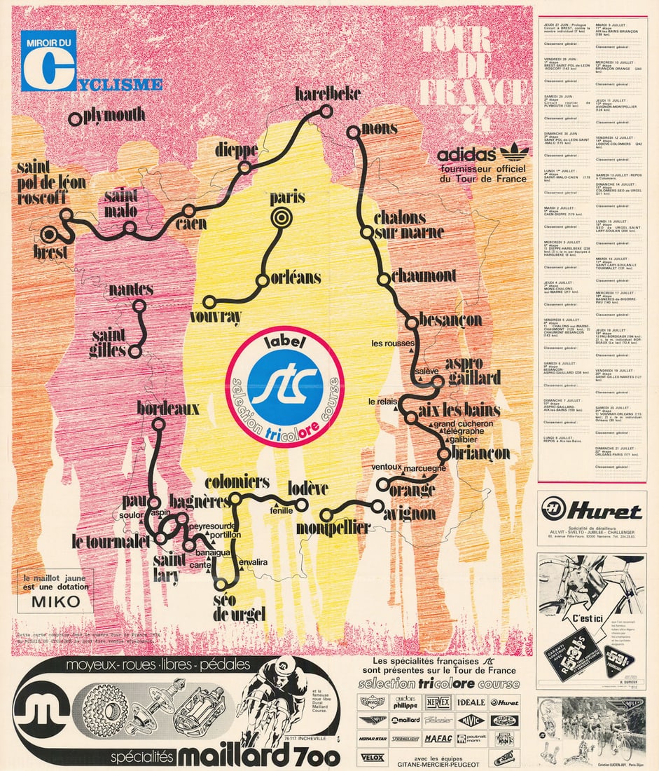 Tour de France - Miroir du Cyclisme. Cycling route poster map 61x69cm 1974: Title: Tour de France - Miroir du Cyclisme. Cycling route poster map 61x69cm 1974 Description: Tour de France 74 - Miroir du Cyclisme'. The 1974 Tour de France, the 61st edition of the race, spanned