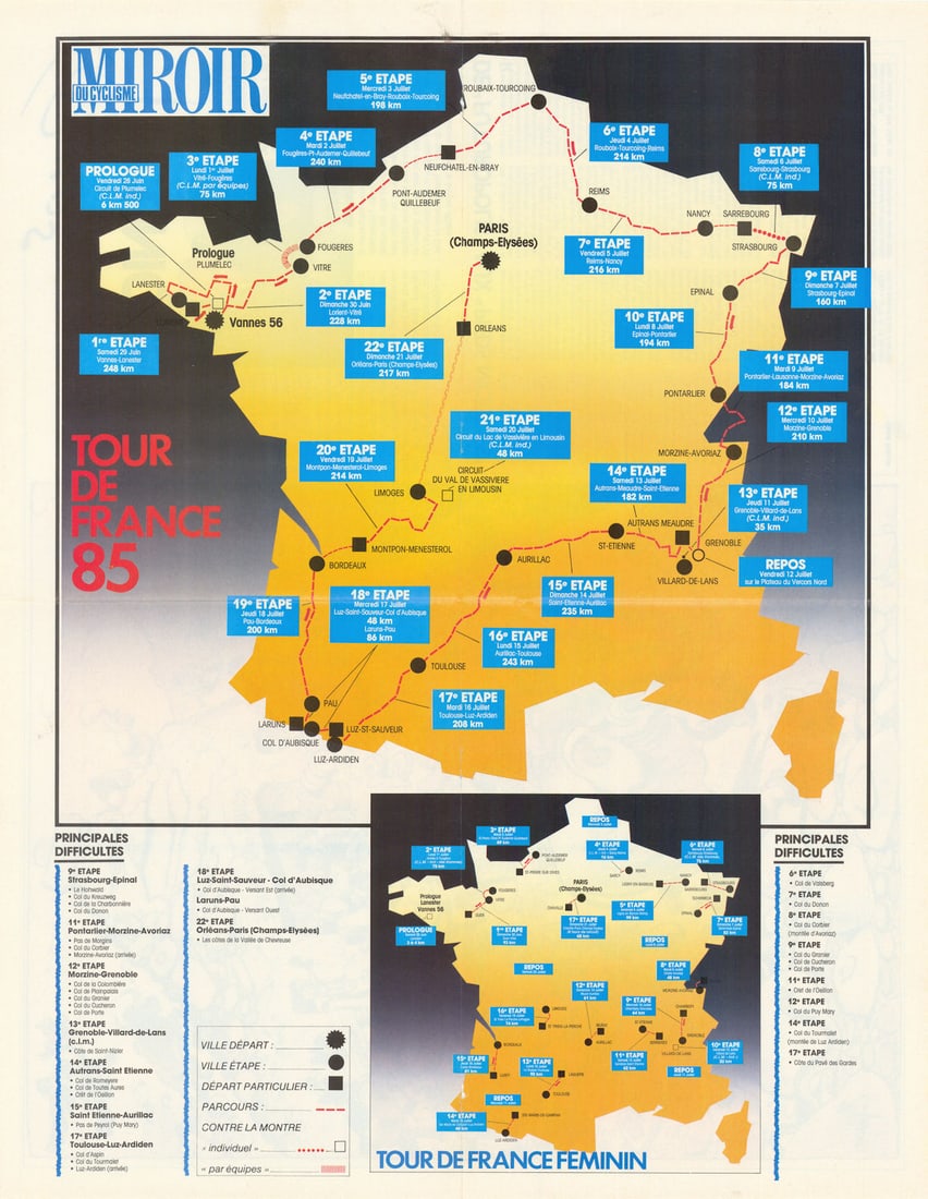 Tour de France - Miroir du Cyclisme. Cycling route poster map 58x45cm 1985 (1 of 1)