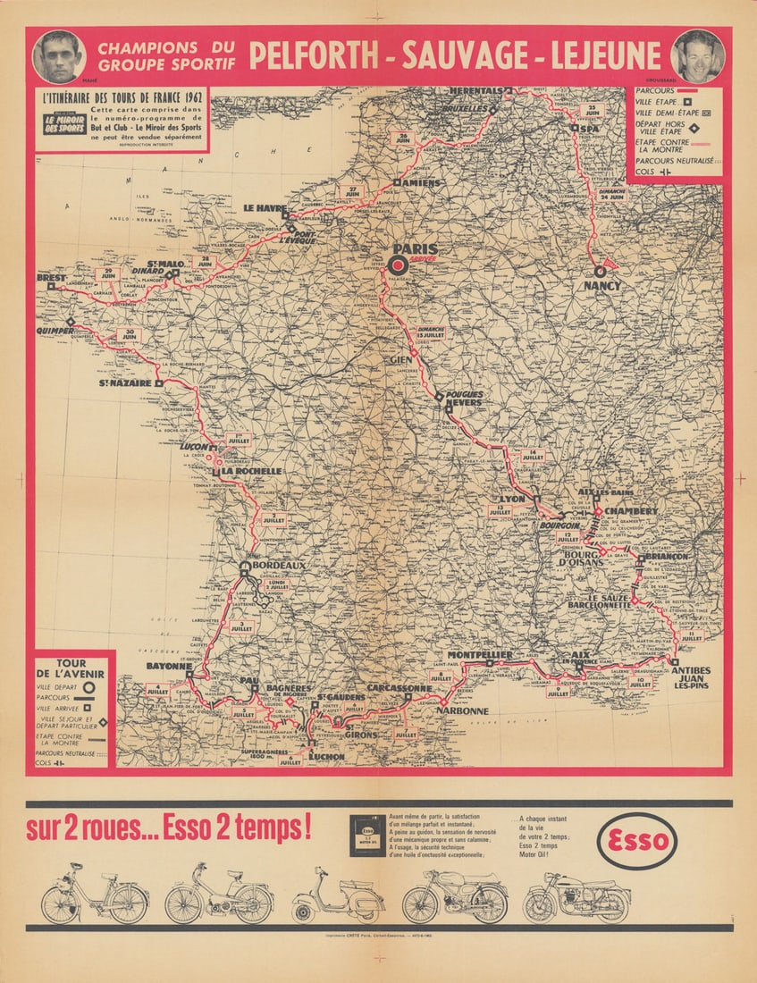 L'Itinéraire du Tour de France - Le Miroir des Sports. Cycling route map 1962 (1 of 1)