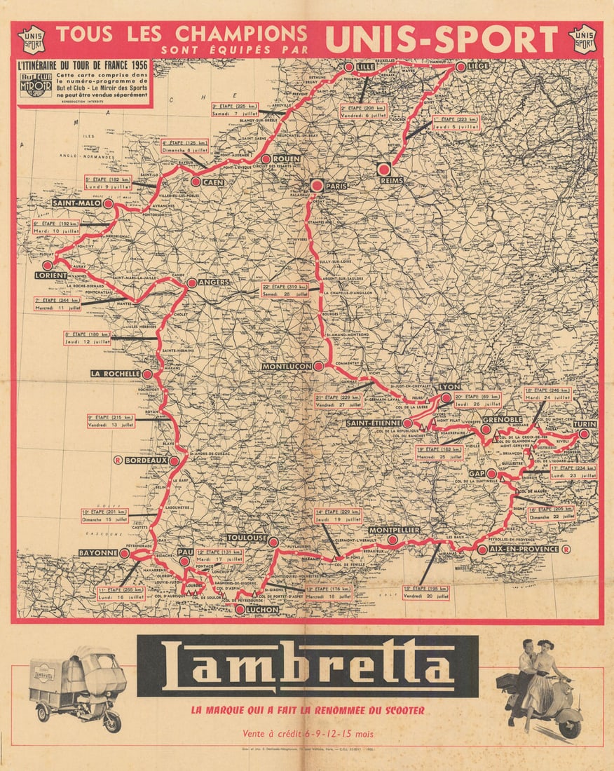 L'Itinéraire du Tour de France - Le Miroir des Sports. Cycling route map 1956 (1 of 1)